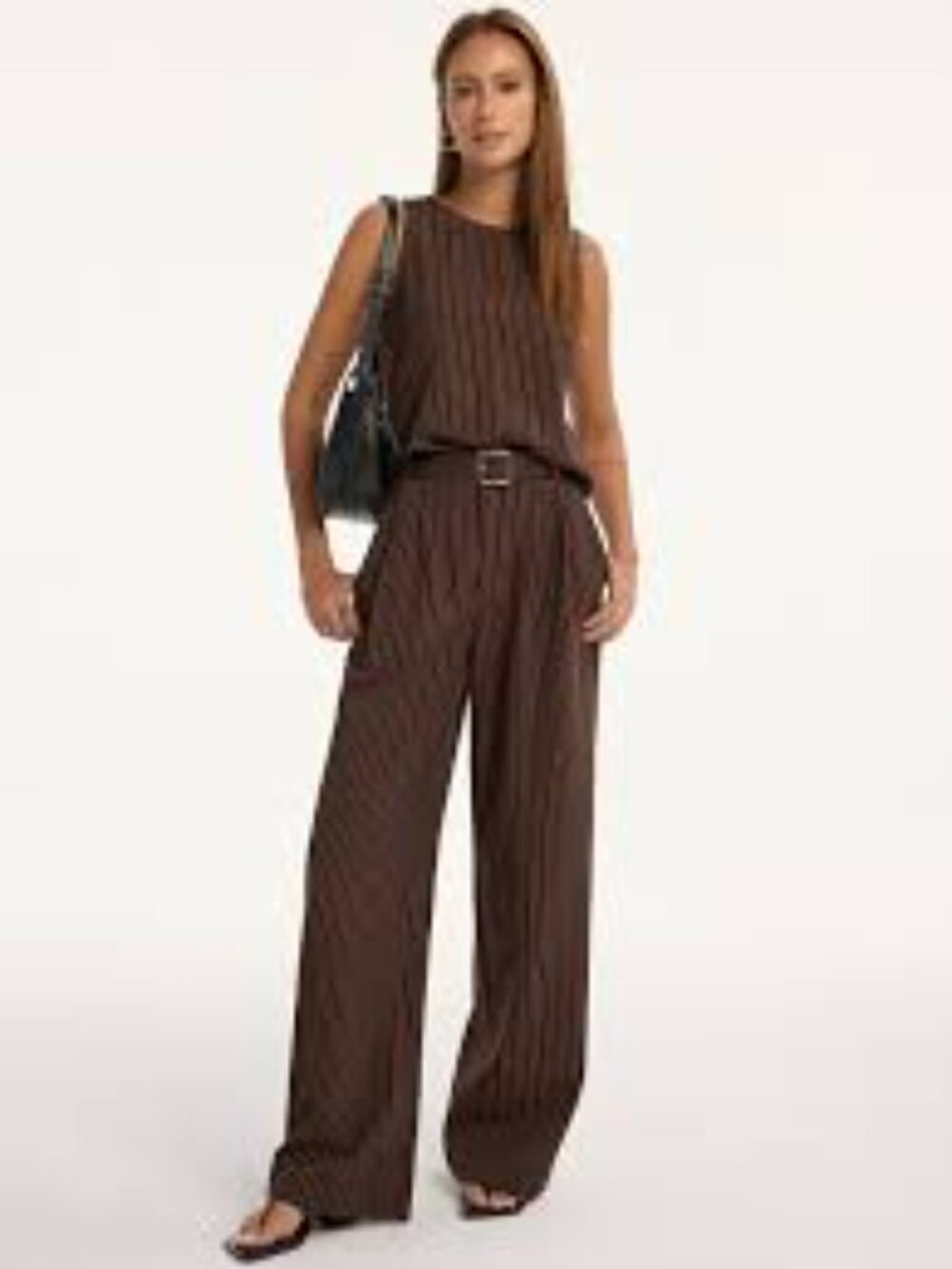 NWT Commense Brown Pinstripe Sleeveless Wide-Leg Set Size XS